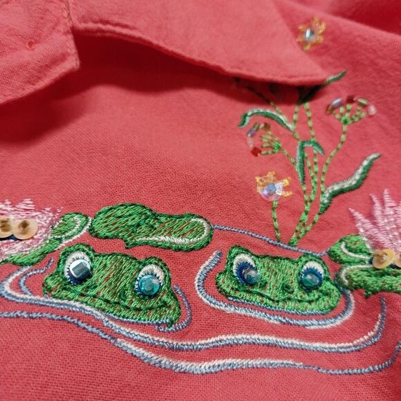 VTG Button Up Top XL Pink Embroidered Beaded Frogs Grandmacore Cottagecore Boho - Picture 1 of 11